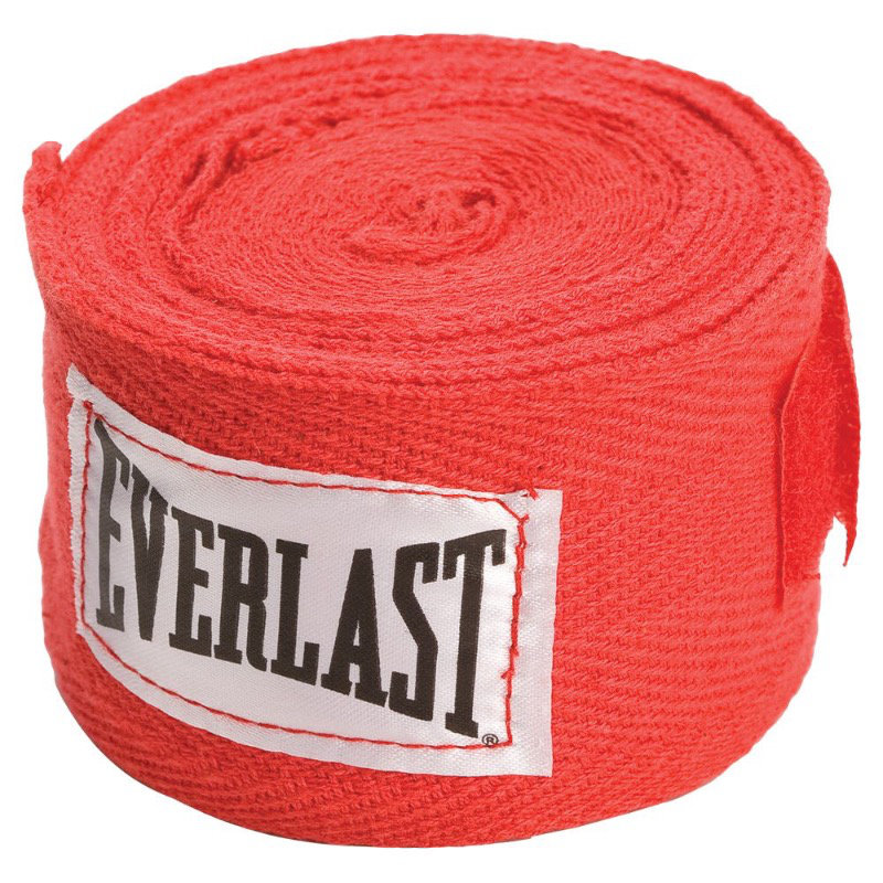 Dette er en sammenrullet håndpakning fra Everlast. Håndpakning er rød med everlast-logoen på siden.